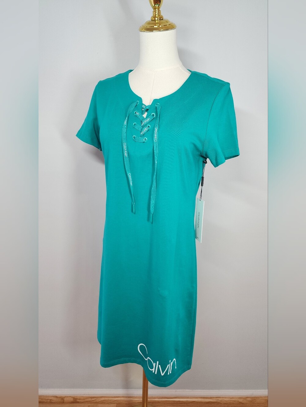 Teal Lace-up Short Sleeve T-Shirt Dress Logo Print Cotton Size S